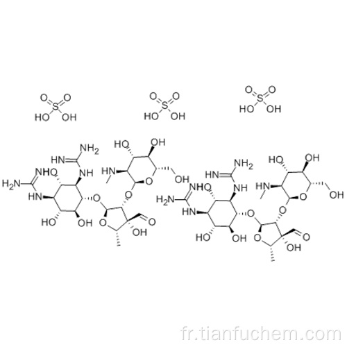 D-Streptamine, O-2-désoxy-2- (méthylamino) -aL-glucopyranosyl- (1®2) -O-5-désoxy-3-C-formyl-aL-lyxofuranosyl- (1®4) -N1, N3-bis (aminoiminométhyl) -, sulfate (2: 3) CAS 3810-74-0